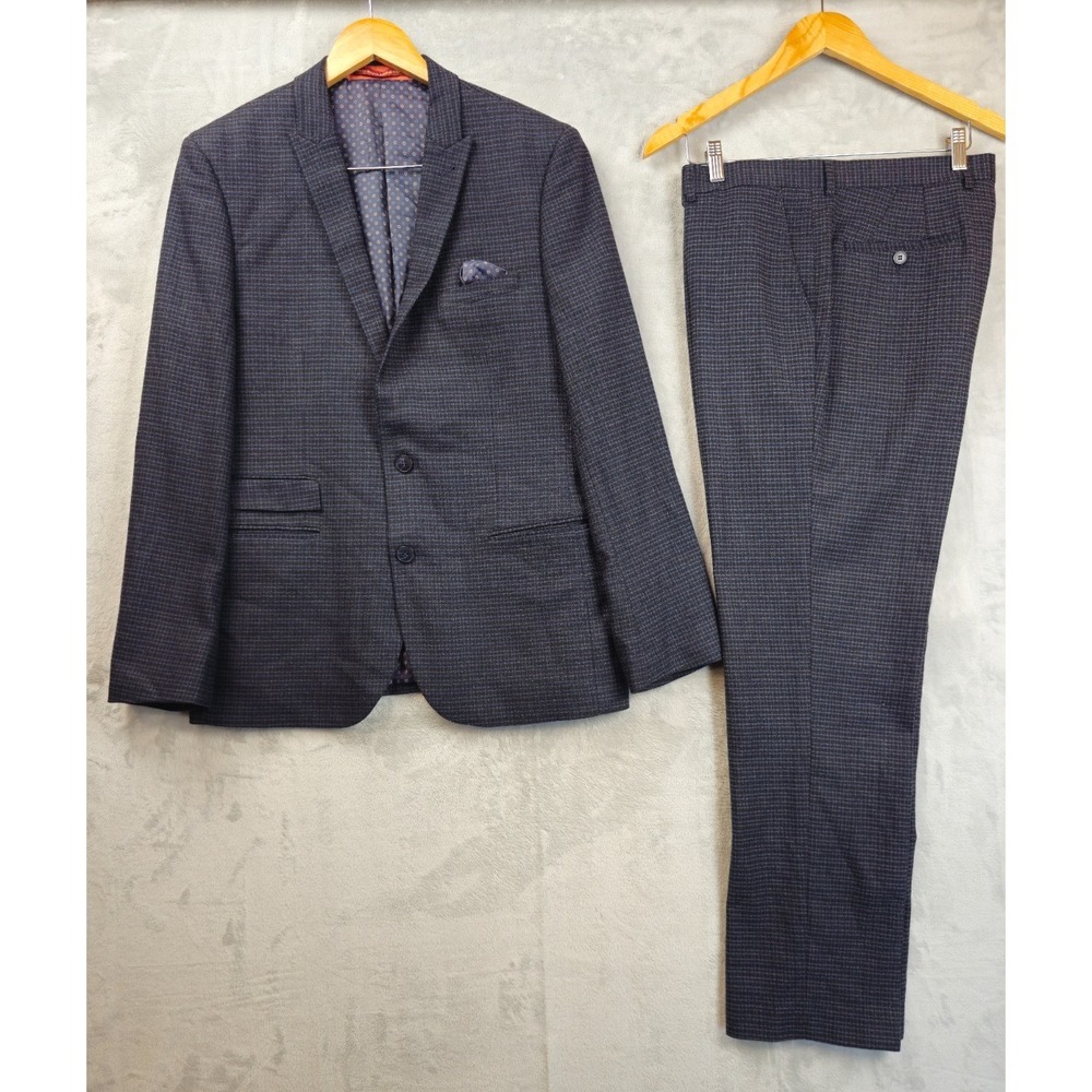 Harry Brown Men Gingham Plaid Charcoal Gray Suit Slim Fit Size 42R Pants 46x30.5